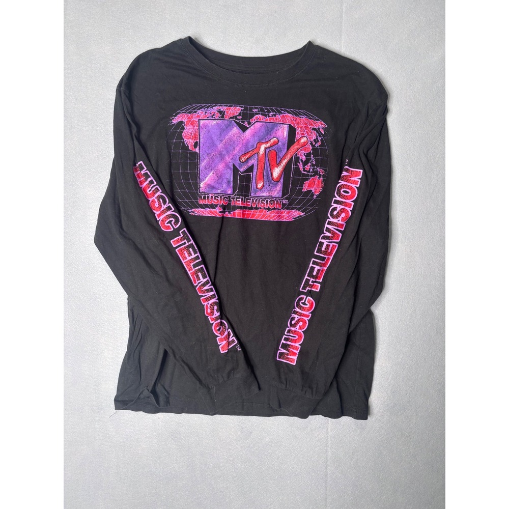 MTV Music Television Long Sleeve Graphic Tee Black Purple Pink Globe Logo Large